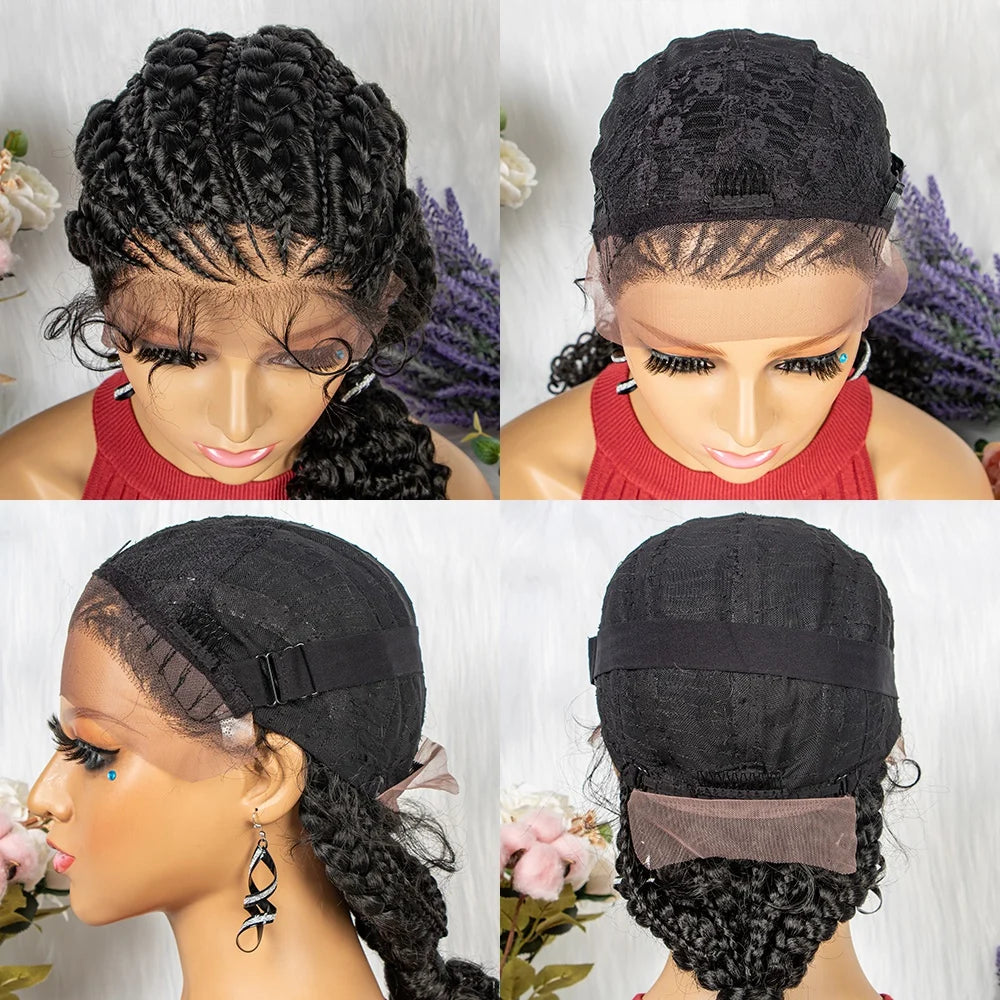 Synthetic Hair Braided Ponytail Lace Front Wigs Kinky Curly Frontal with Baby Hair , Box Braided Wigs
