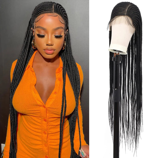 36''Braided Wigs Full Lace Front Box Braided Wig with Baby Hair Natural Side Part Braid Hair Wig