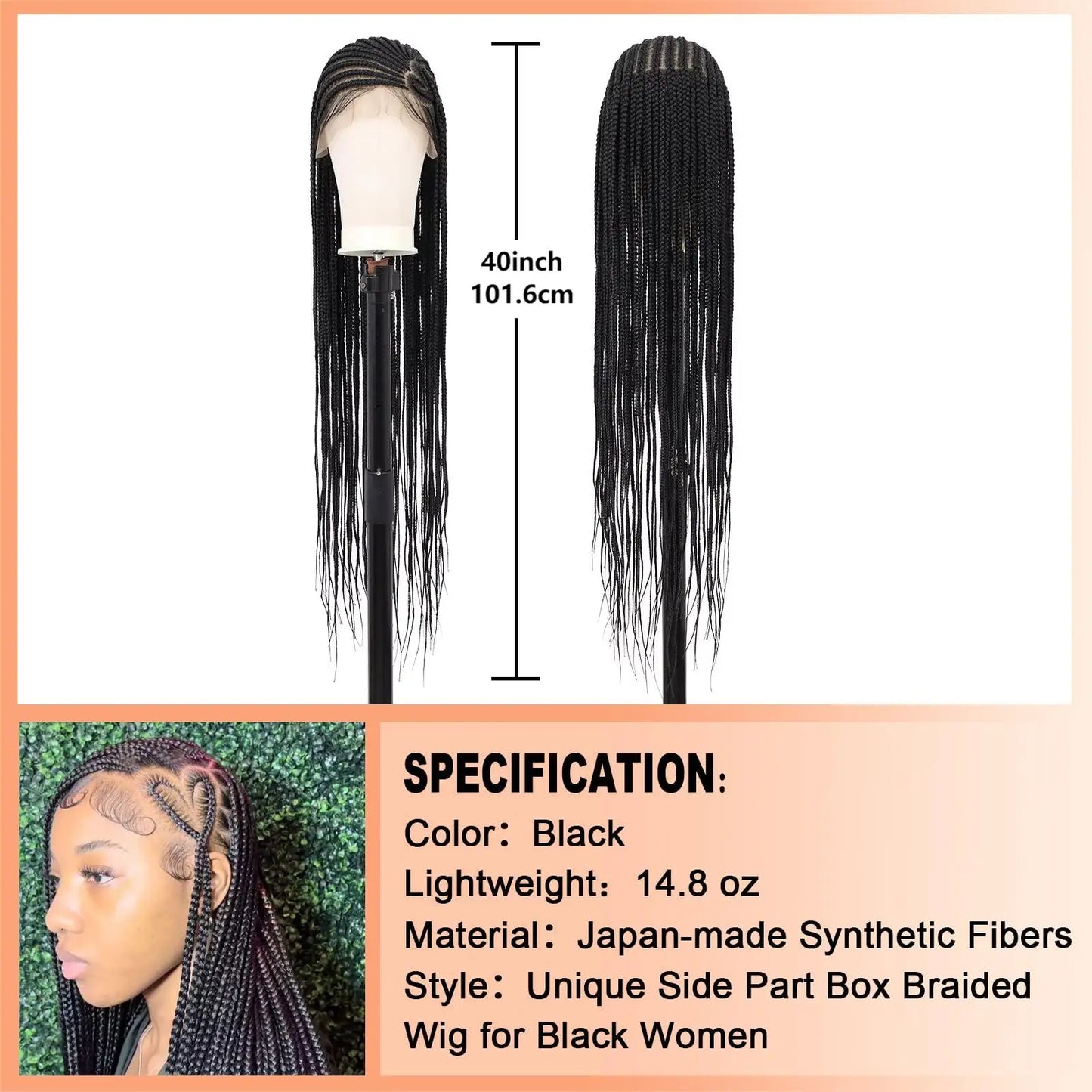40" Cornrow Box Braided Wig with Baby Hair, Heart Shaped Unique Braided Look, Full Double Lace Frontal Braid Wig