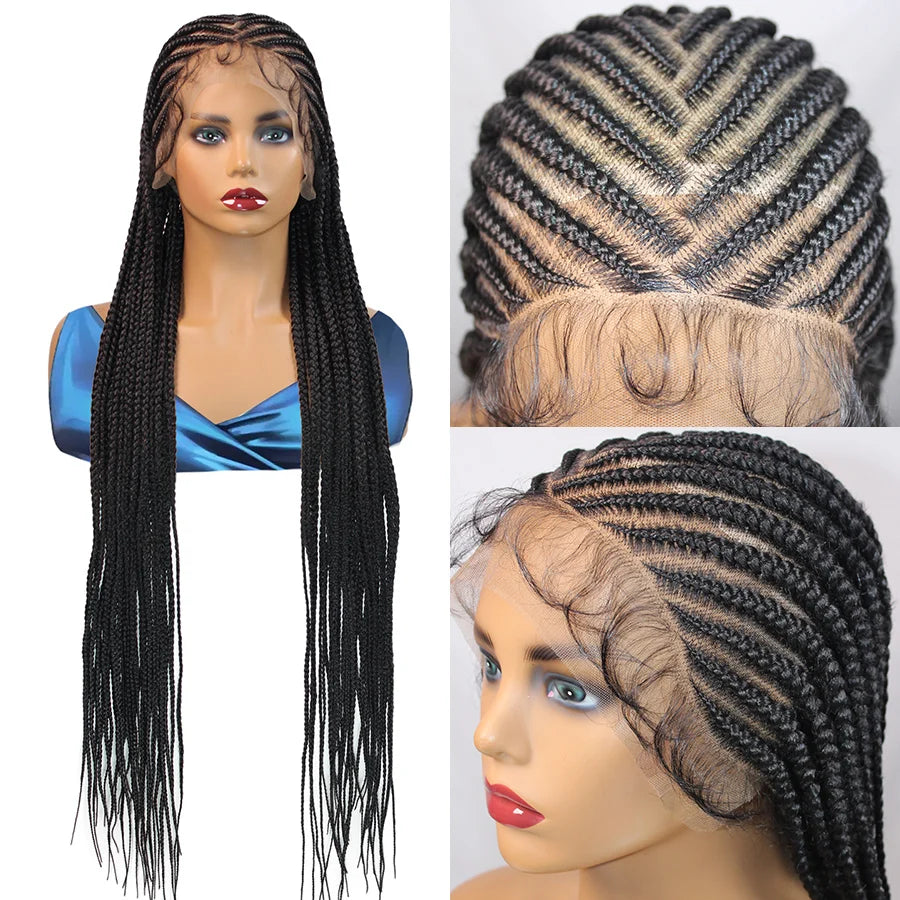 36Inch Knotless Box Braided Wigs Synthetic Full Lace Cornrows Braids Wig With Baby Hair Goddess Fulani Braiding Wigs Black Women - Britica's Beauty On The Go