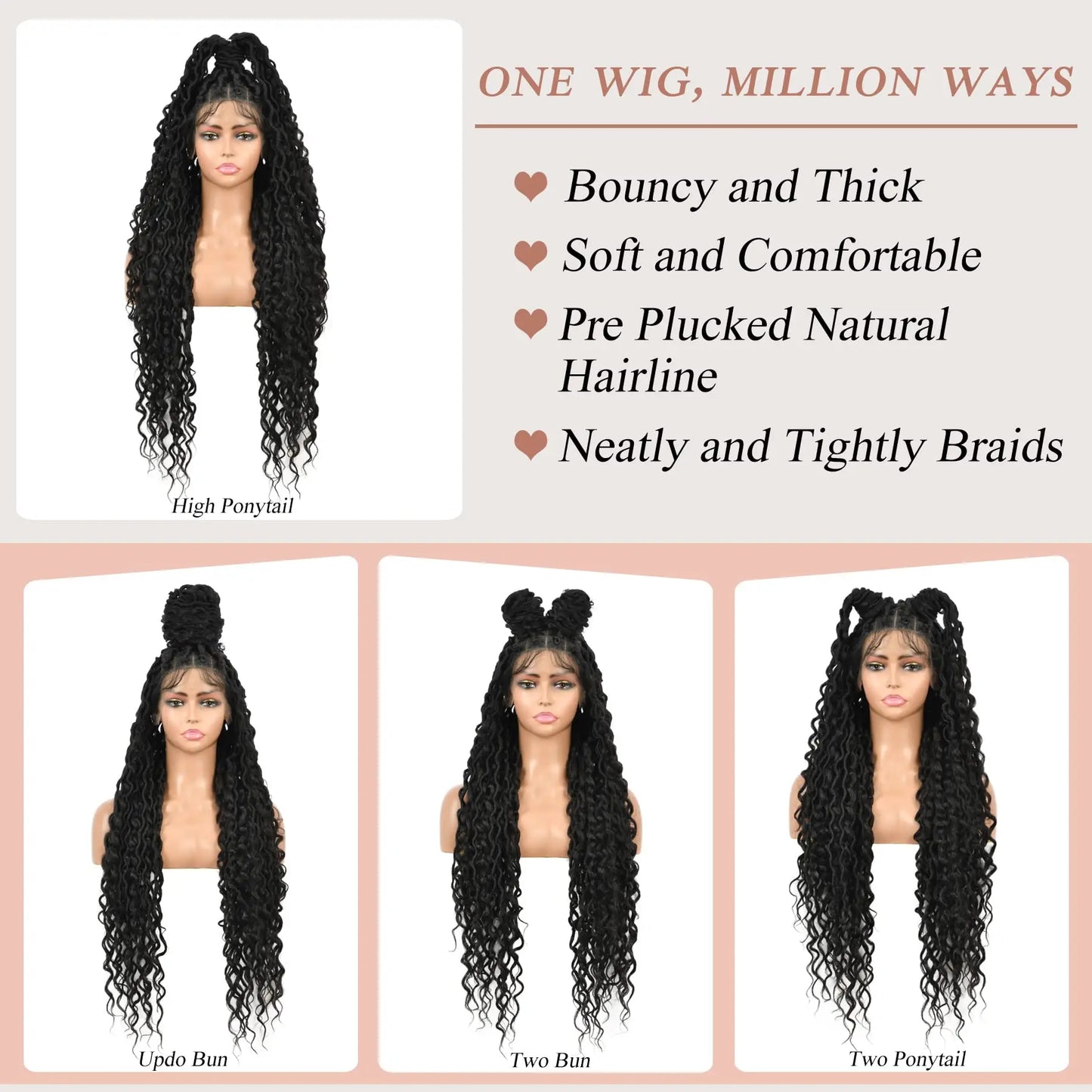 32" Square Knotless Locs, Braided Wigs, Full Lace Wig With Boho Curls Lace Front Braided Wigs