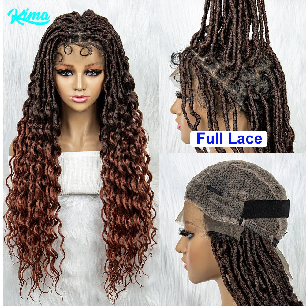 Synthetic Full Lace Wig Braided Wigs, 28 Inches Braiding Hair Knotless Box Braids Wigs With Water Wave