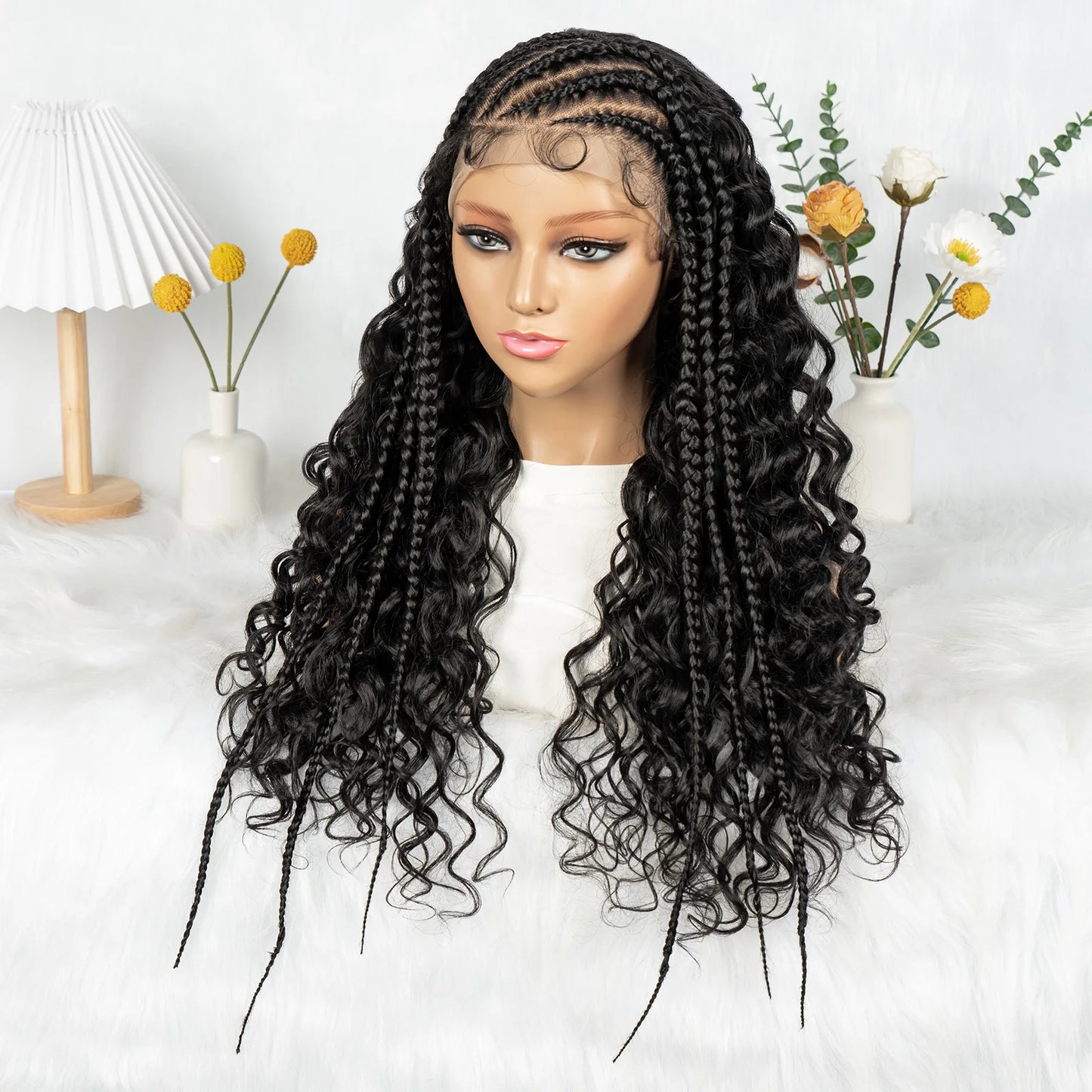 Cornrow Synthetic Braided Wigs 13*6 Lace Front Wig Knotless Box Braided Wig Partition Design with Curly Hair - Britica's Beauty On The Go