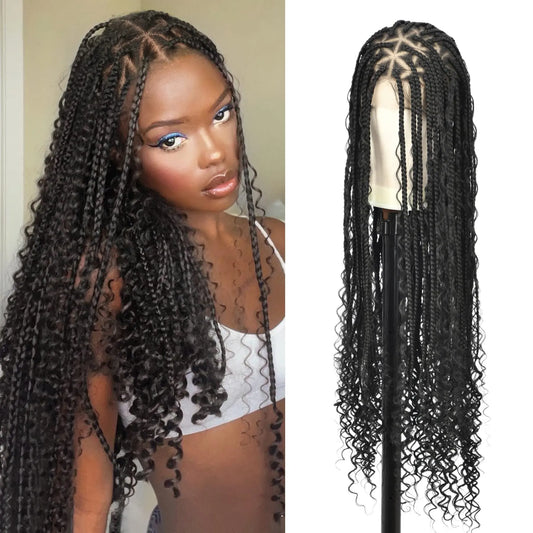 36‘’ Full Double Lace Front Triangle Knotless Box Braided Wigs With Boho Curls Ends Wig With Baby Hair