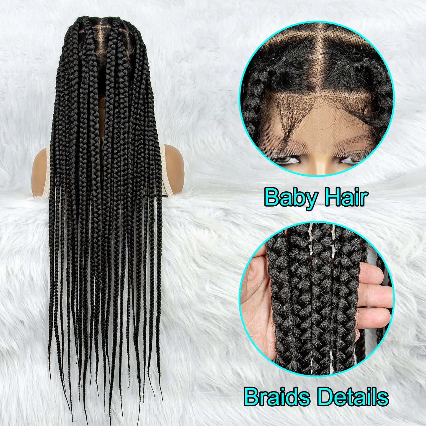 HD Full Lace Braided Wigs Cornrow Braids, Lace Front Wig, Big Square Knotless Box Braids With Baby Hair