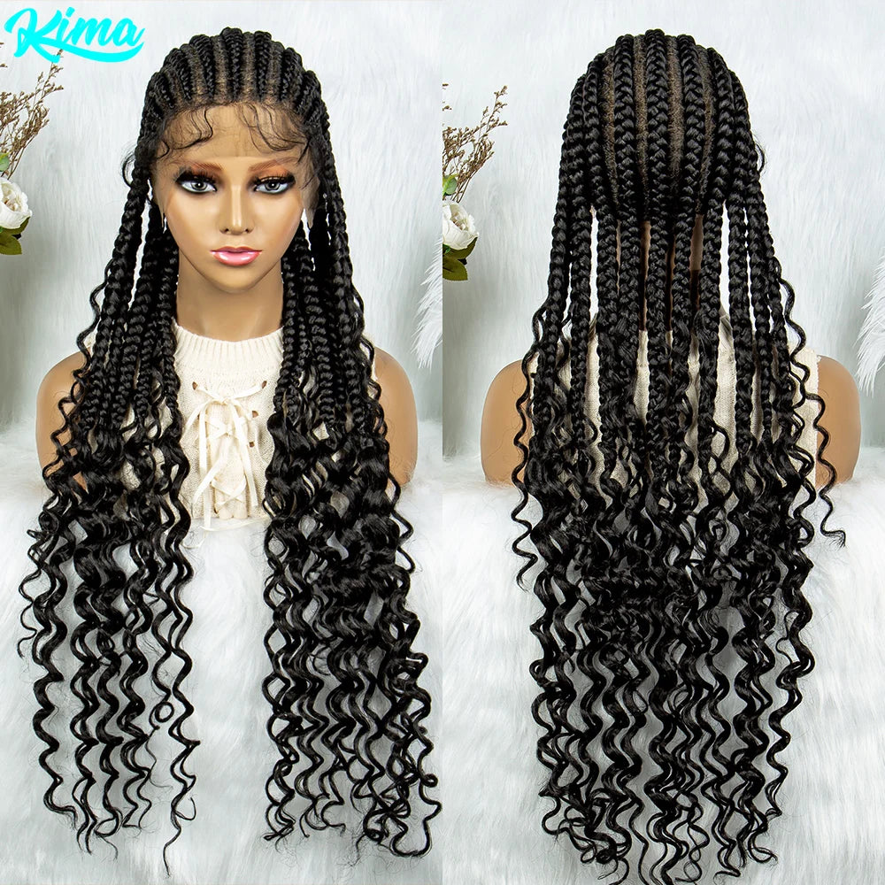 Full Lace Braided Wigs Synthetic Lace Front With Baby Hair ,Water Wavy Ends