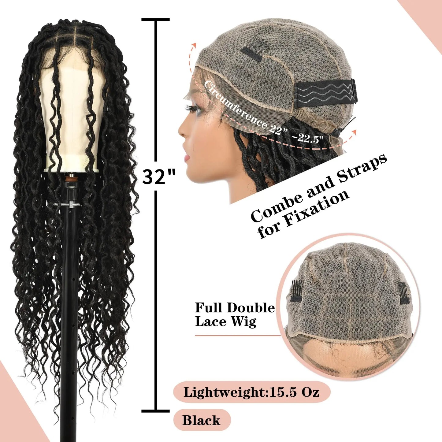 32" Square Knotless Locs, Braided Wigs, Full Lace Wig With Boho Curls Lace Front Braided Wigs