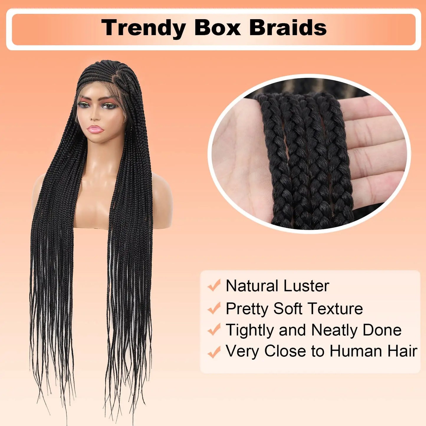 40" Cornrow Box Braided Wig with Baby Hair, Heart Shaped Unique Braided Look, Full Double Lace Frontal Braid Wig