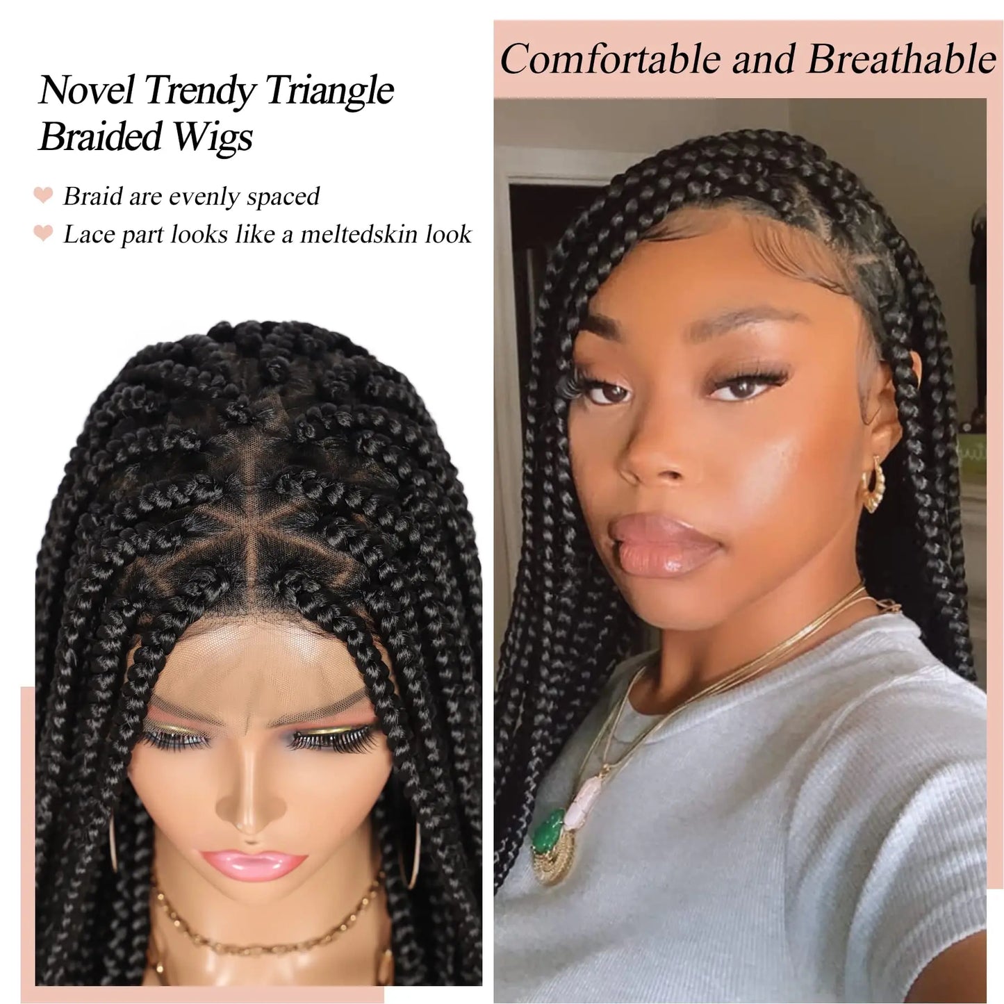 36'' Triangle Knotless Box Braided Wigs, Box Braided Full Lace Front Wig with Baby Hair Cornrow Braids Wig