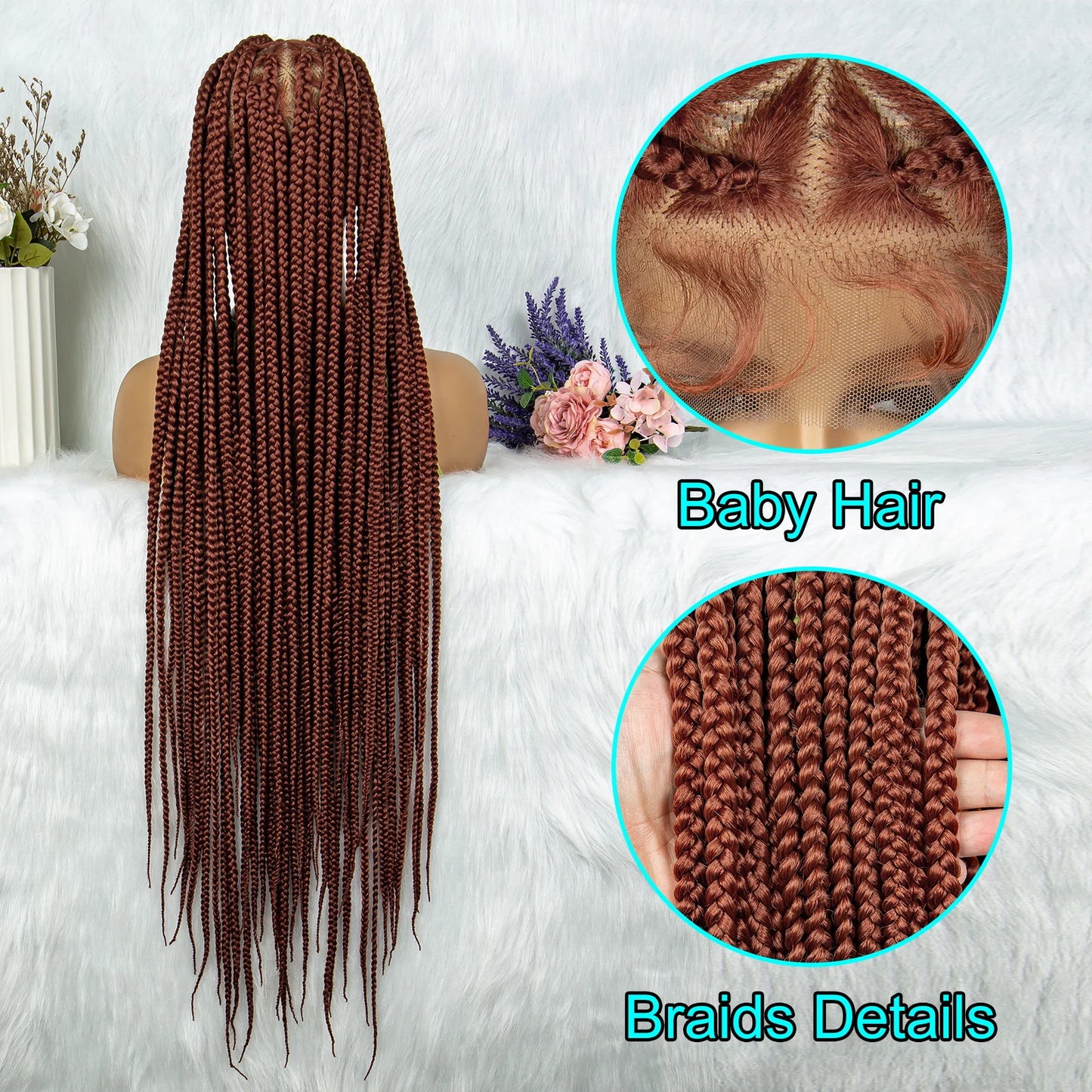 Transparent HD Full Lace Braided Wig, Knotless Box Cornrow Braids, Ginger Color