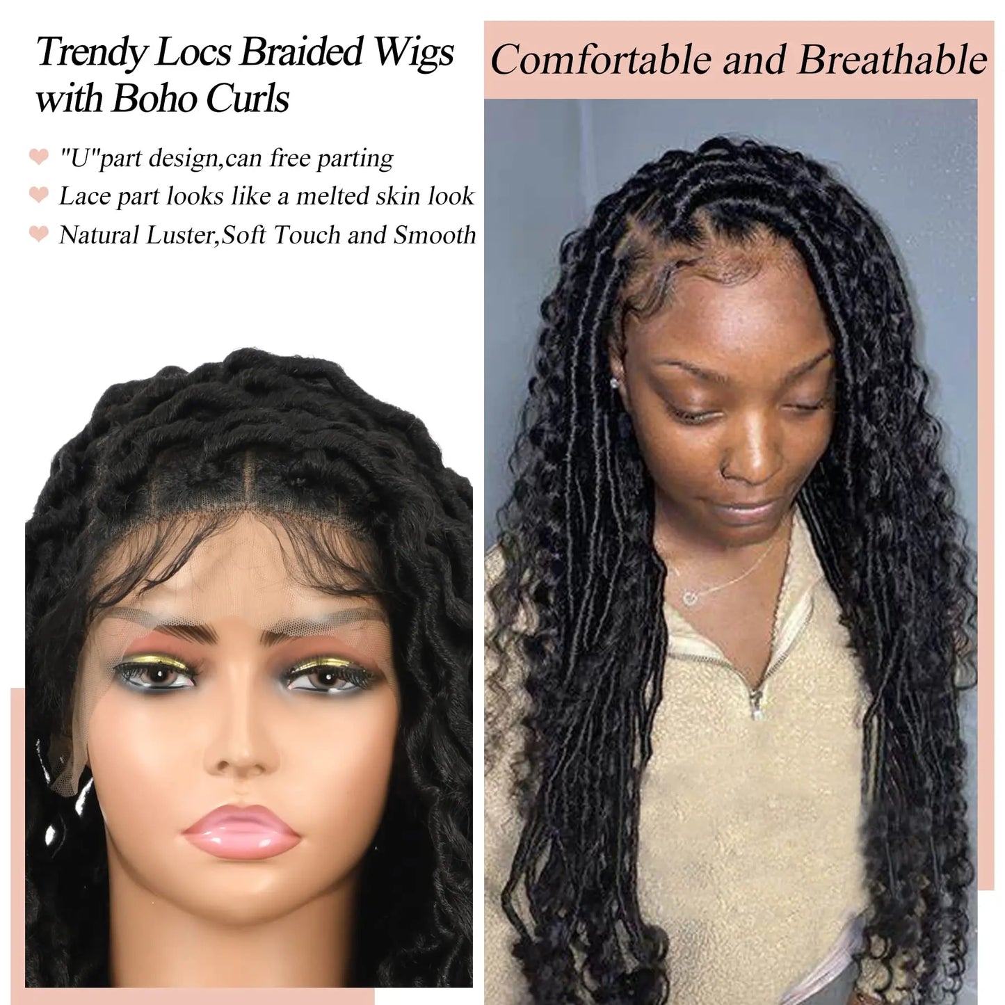 32" Square Knotless Locs, Braided Wigs, Full Lace Wig With Boho Curls Lace Front Braided Wigs