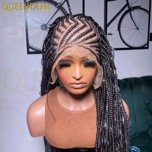 36Inch Side Part Double Lace Front Braided Wigs African Cornrow Knotless Box Full Lace Braid Wigs for Black Women with baby hair