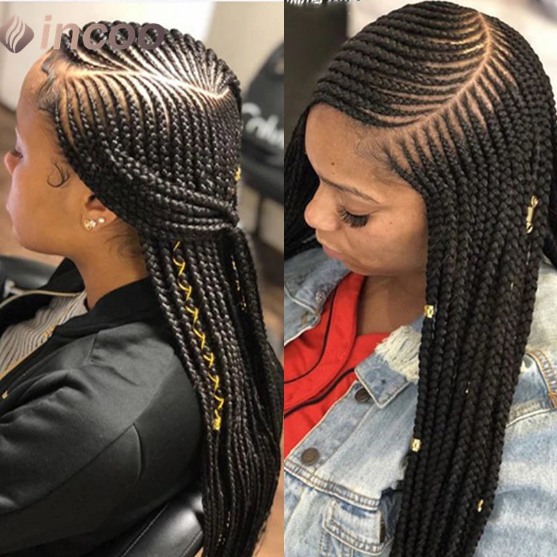 36" Side Part Cornrow Braided Wigs Synthetic Full Lace Wig Knotless Box Braided Unit - Britica's Beauty On The Go