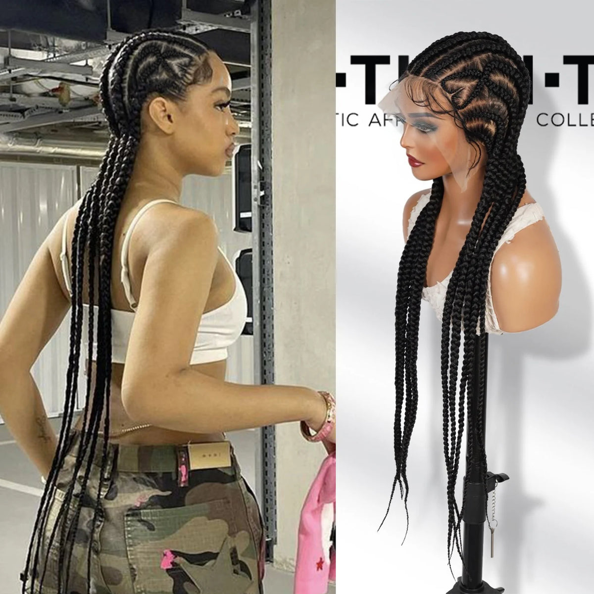 Authentic Glueless Full Lace Braided Wig Jumbo Straight Back Feed-In Braids Crisscross Heart Design 1B 36" BW Unit6 - Britica's Beauty On The Go