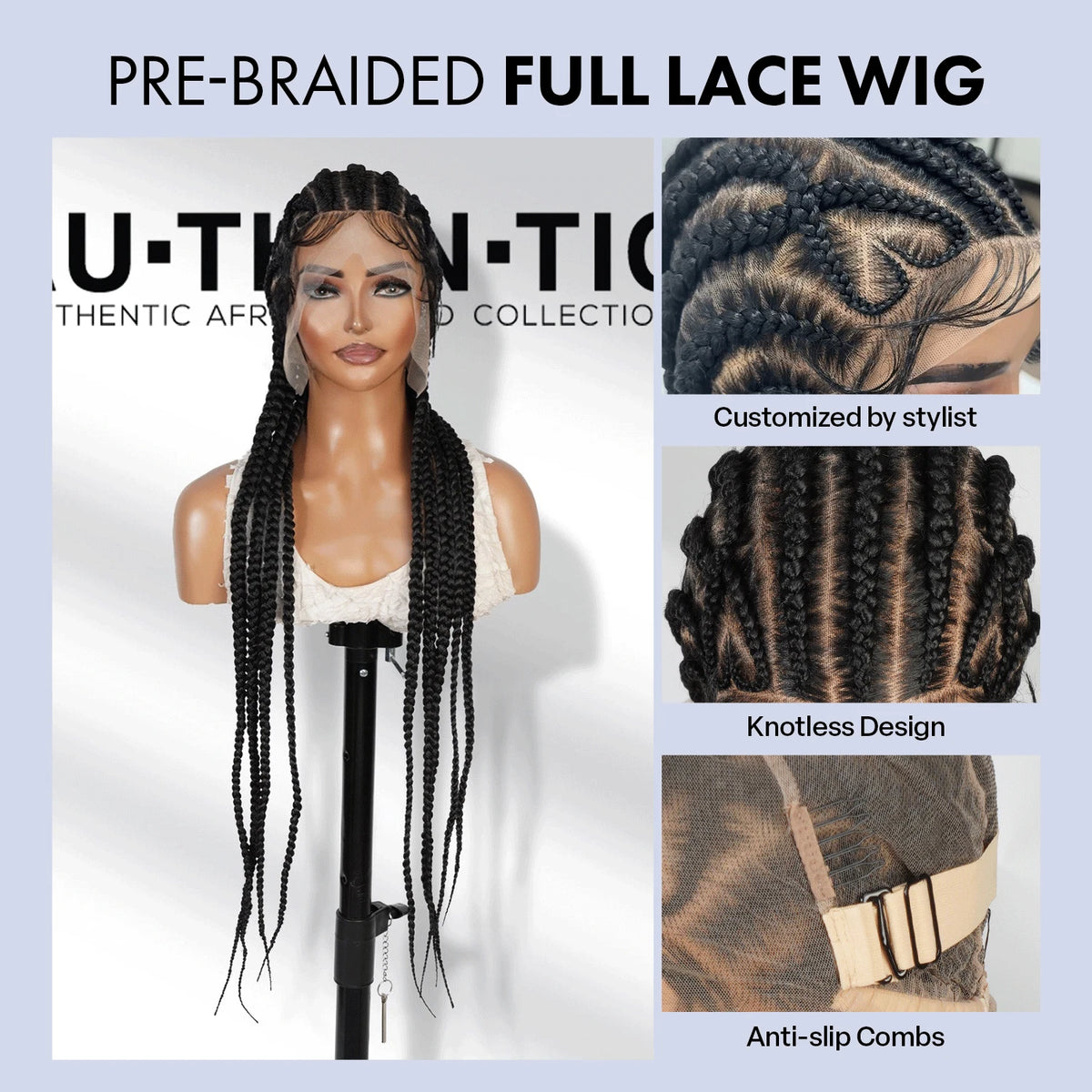 Authentic Glueless Full Lace Braided Wig Jumbo Straight Back Feed-In Braids Crisscross Heart Design 1B 36" BW Unit6 - Britica's Beauty On The Go
