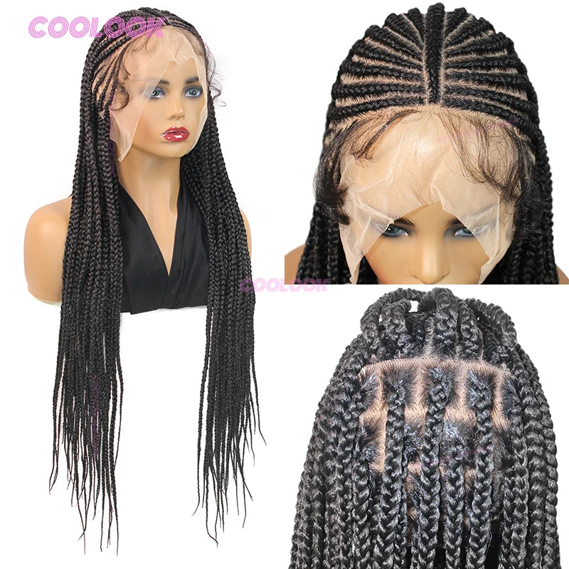 1B Burgundy Cornrow Braids Hair Wigs 36" Knotless Box Braid Wig Full Lace