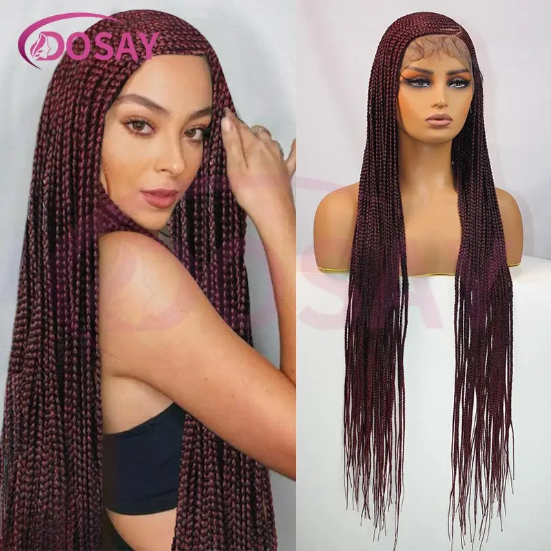 36'' Burgundy Full Lace Braided Wigs Faux Locs for Black Women Synthetic Knotless Cornrow Braid Wig Side Part Wig Box Braids Wig