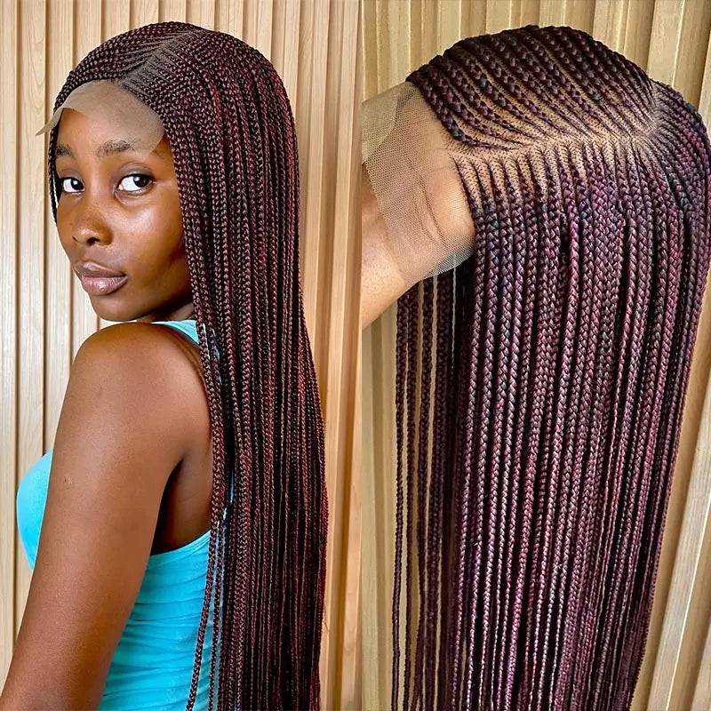 36'' Burgundy Full Lace Braided Wigs Faux Locs for Black Women Synthetic Knotless Cornrow Braid Wig Side Part Wig Box Braids Wig