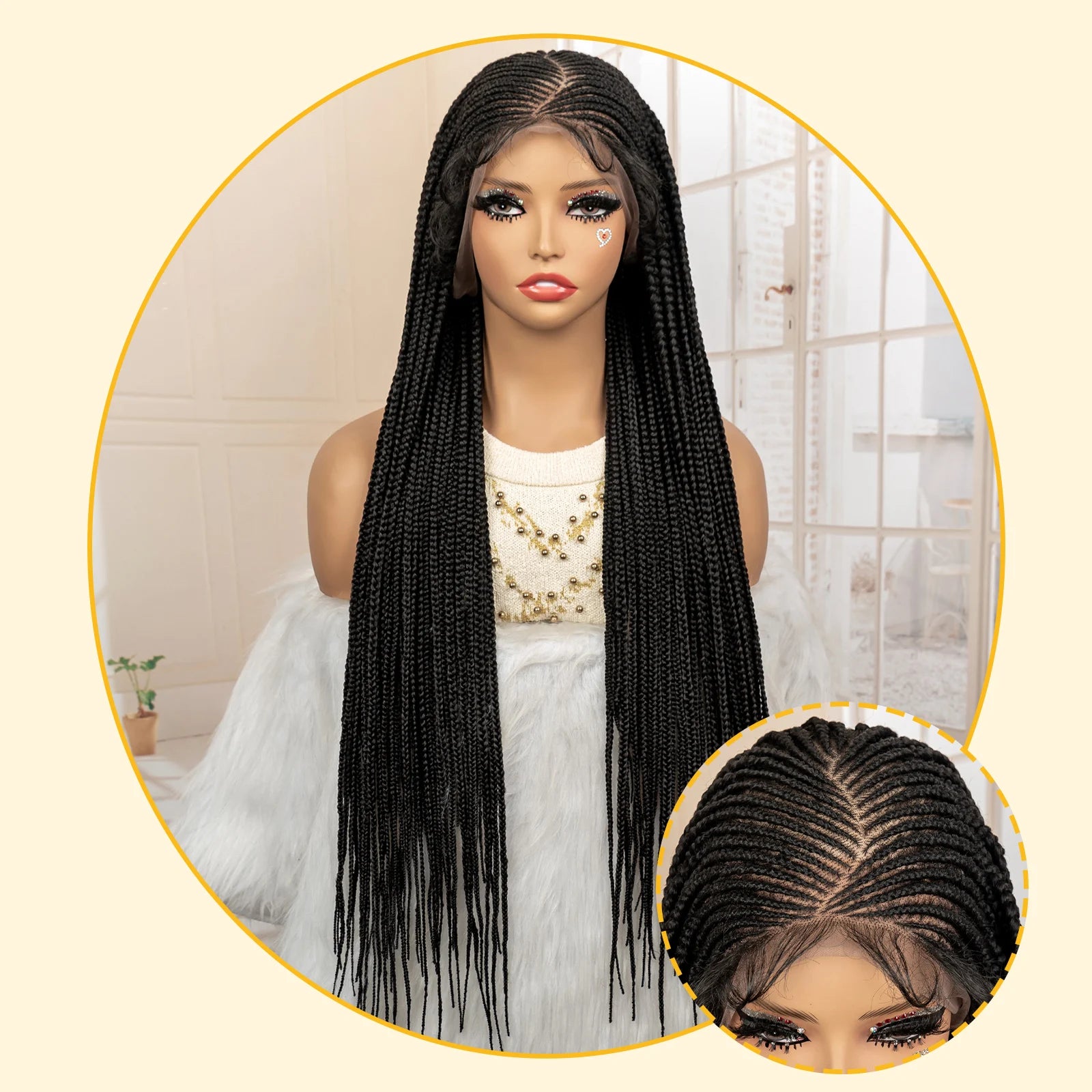 32 Inches African Hair Wigs Synthetic Cornrow Braided Wig 360 Full Lace Square Knotless Box Braiding Wig - Britica's Beauty On The Go
