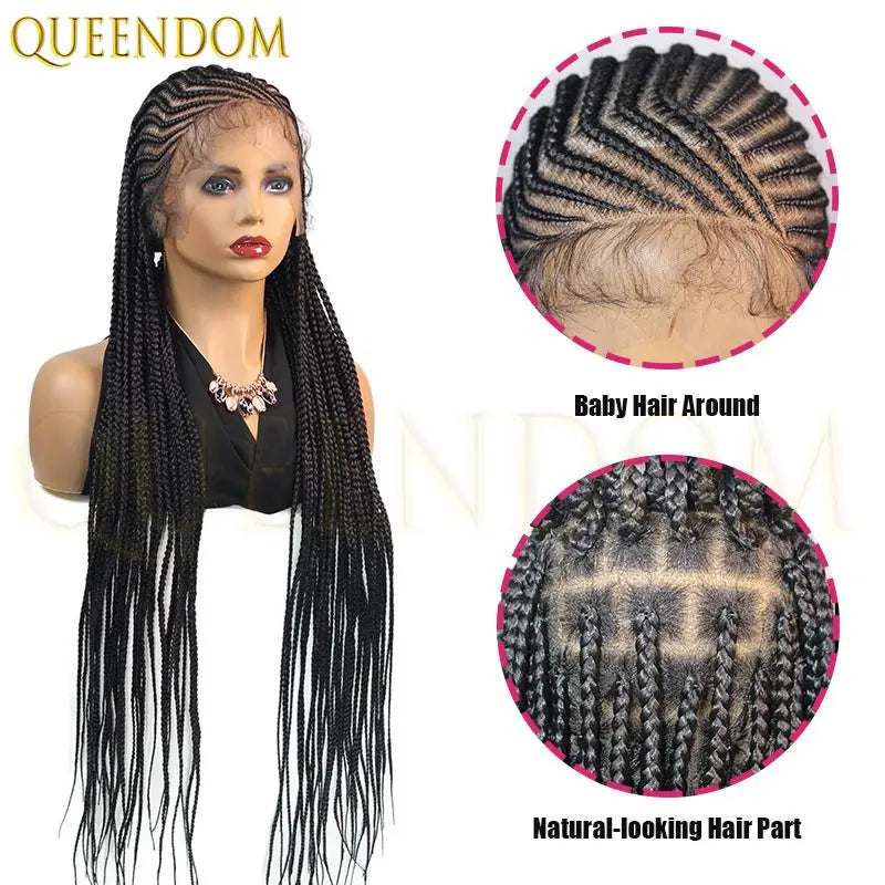 36Inch Side Part Double Lace Front Braided Wigs African Cornrow Knotless Box Full Lace Braid Wigs for Black Women with baby hair - Britica's Beauty On The Go