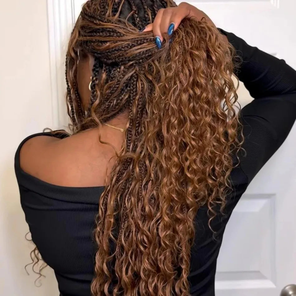 360 Full Lace Wig Knotless Bohemian Braided Curls Ombre Brown Invisible Drawstring Wig Deep Wave Boho Braids Brazilian HD Lace Unit - Britica's Beauty On The Go