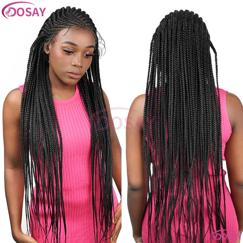 36Inch Long Straight Full Lace Front Wigs for Black Women Synthetic Box Cornrow Knotless Black Wig - Britica's Beauty On The Go