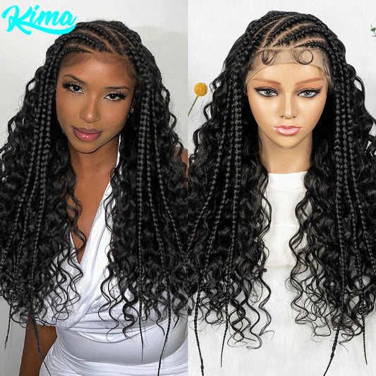 Cornrow Synthetic Braided Wigs 13*6 Lace Front Wig  Knotless Box Braided Wig Partition Design with Curly Hair