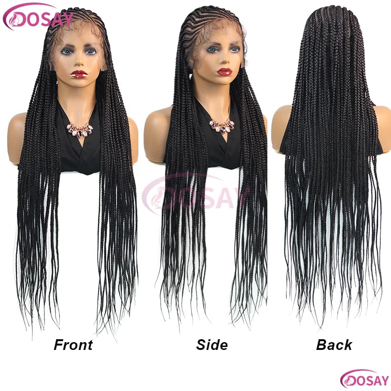 36Inch Long Straight Full Lace Front Wigs for Black Women Synthetic Box Cornrow Knotless Black Wig - Britica's Beauty On The Go