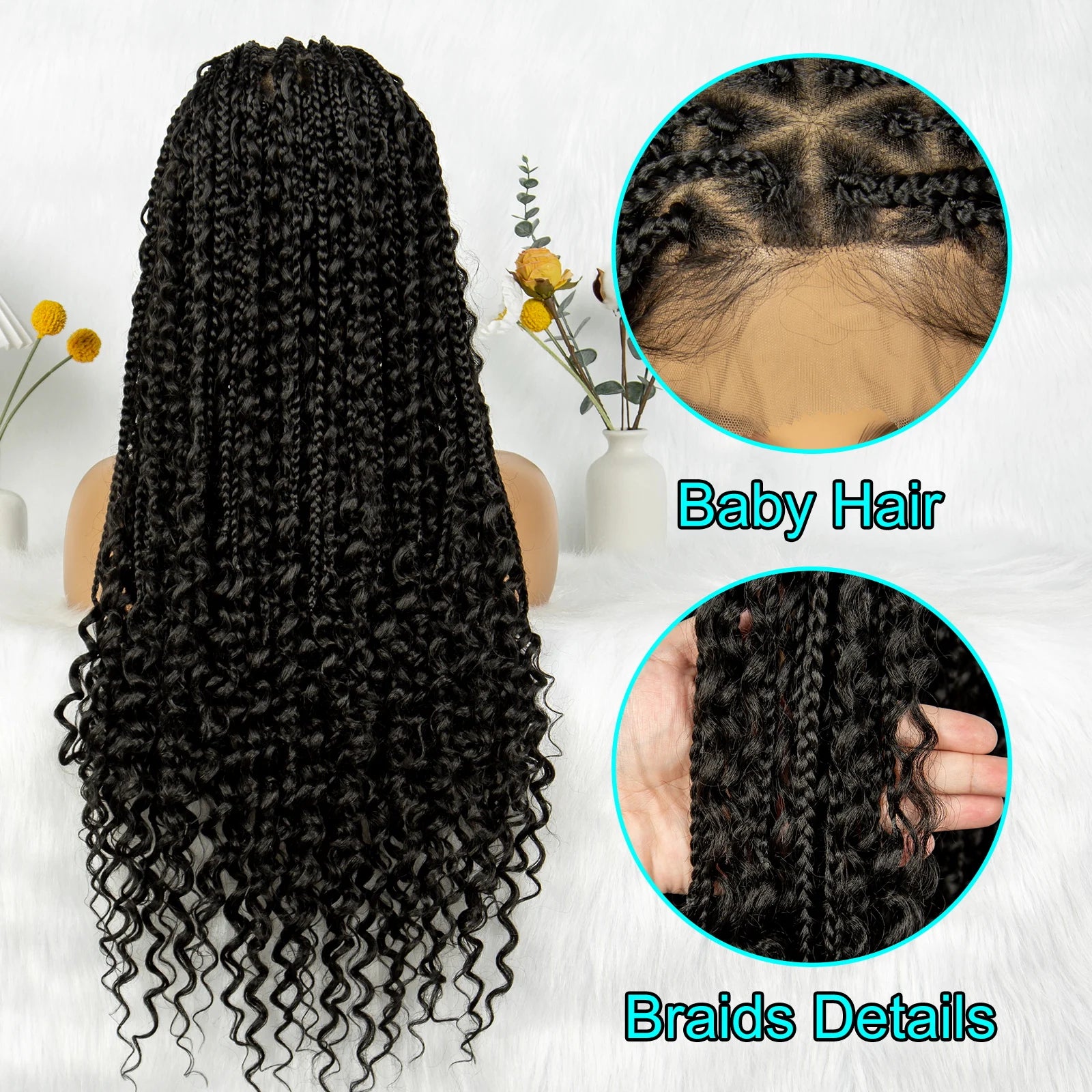 Boho Braided Wig Bohemian Box Braids Wig Synthetic Full Lace Wigs Triangle Goddess Braids Curly End with Baby Hair - Britica's Beauty On The Go