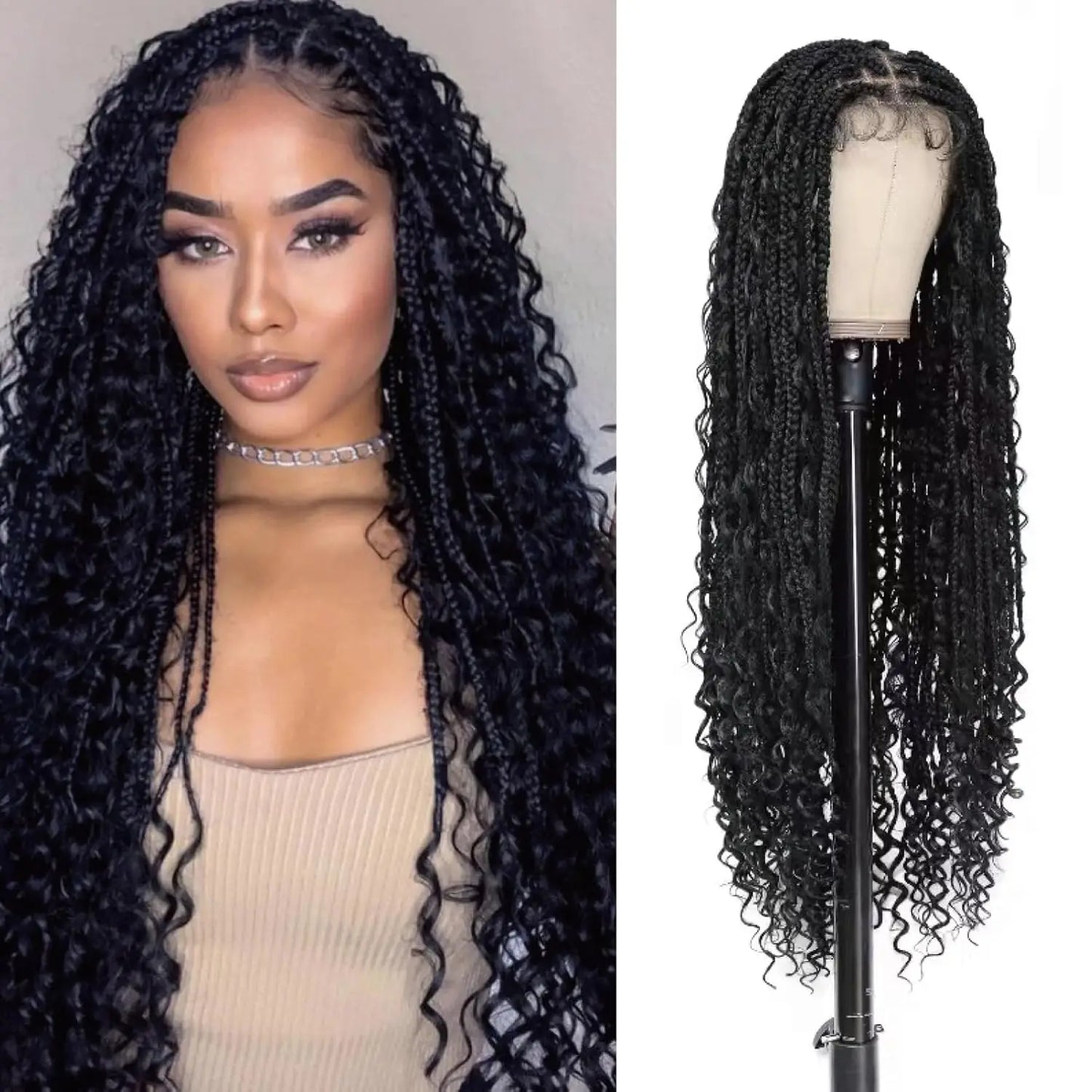 Long Bohemian Braided Wigs Boho Box Braid Wigs, Twisted Braids Full Lace Braided Wigs with Baby Hair