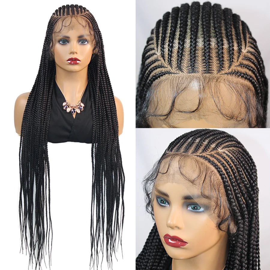 36Inch Knotless Box Braided Wigs Synthetic Full Lace Cornrows Braids Wig With Baby Hair Goddess Fulani Braiding Wigs Black Women - Britica's Beauty On The Go