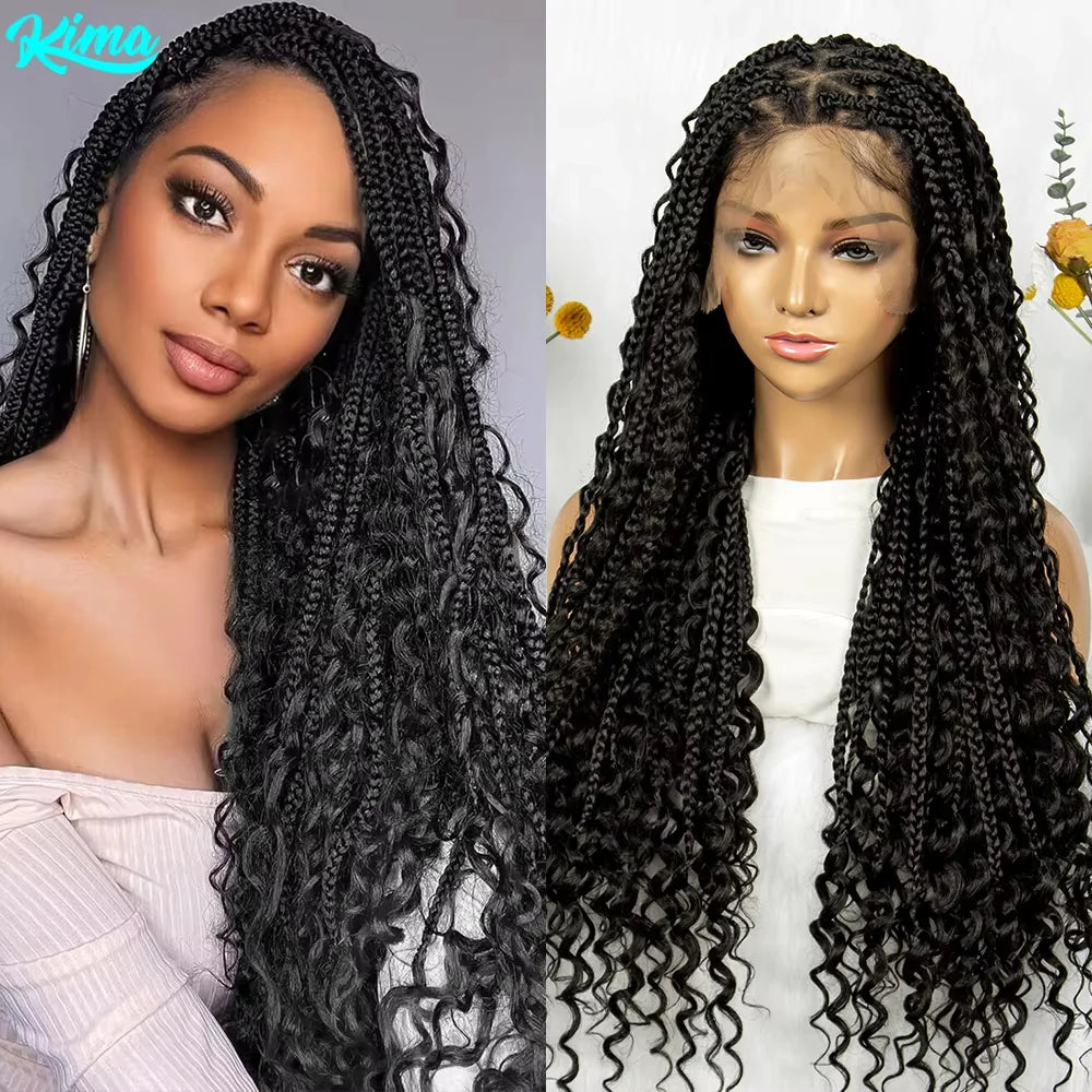 Boho Braided Wig Bohemian Box Braids Wig Synthetic Full Lace Wigs Triangle Goddess Braids Curly End with Baby Hair - Britica's Beauty On The Go