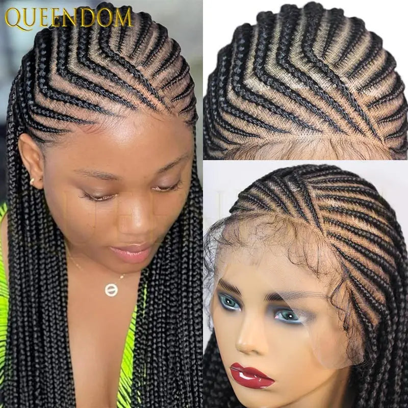 36Inch Side Part Double Lace Front Braided Wigs African Cornrow Knotless Box Full Lace Braid Wigs for Black Women with baby hair - Britica's Beauty On The Go