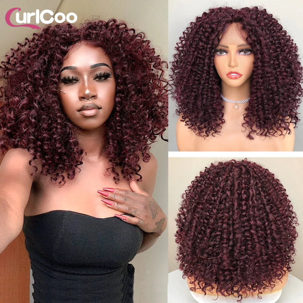 CurlyCoo Synthetic Curly Lace Front, Short Kinky Curly Bob Wig Ombre Natural Water Wave - Britica's Beauty On The Go