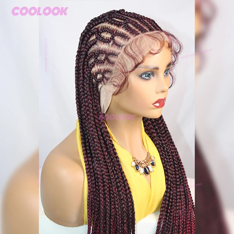 1B Burgundy Cornrow Braids Hair Wigs 36" Knotless Box Braid Wig Full Lace