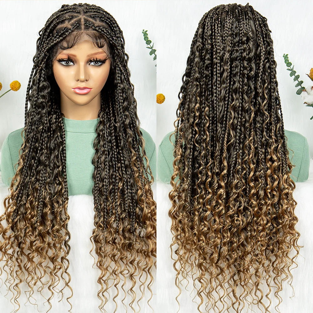 Boho Braided Wig Bohemian Box Braids Wig Synthetic Full Lace Wigs Triangle Goddess Braids Curly End with Baby Hair - Britica's Beauty On The Go