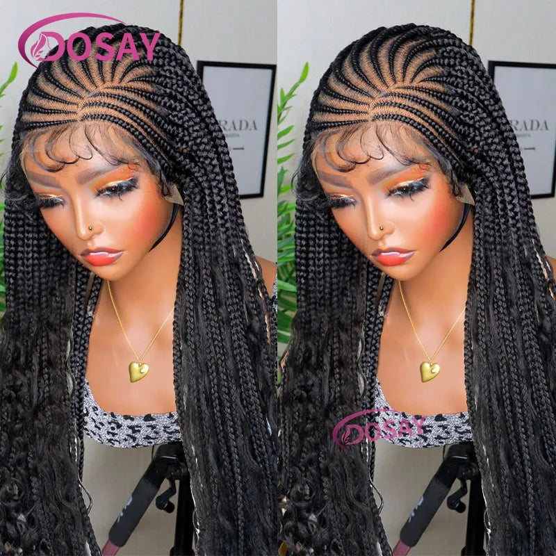 36" Synthetic Full Lace Cornrow Braided Wigs with Baby Hair Box Braids Wigs With Curly Hair Lace Wigs for Women Daily Use - Britica's Beauty On The Go