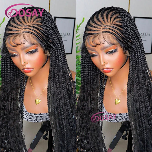 36" Synthetic Full Lace Cornrow Braided Wigs with Baby Hair Box Braids Wigs With Curly Hair Lace Wigs for Women Daily Use