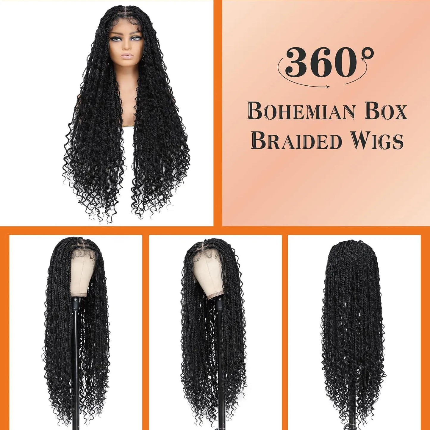 Long Bohemian Braided Wigs Boho Box Braid Wigs, Twisted Braids Full Lace Braided Wigs with Baby Hair
