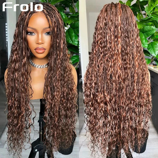 360 Full Lace Wig Knotless Bohemian Braided Curls Ombre Brown Invisible Drawstring Wig Deep Wave Boho Braids Brazilian HD Lace Unit - Britica's Beauty On The Go