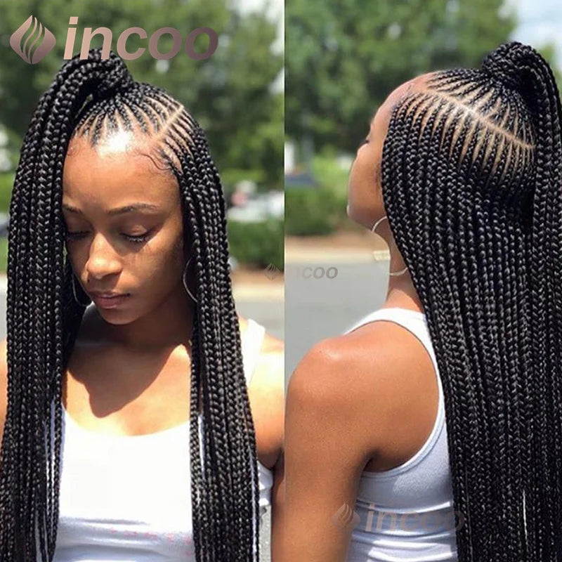 36" Side Part Cornrow Braided Wigs Synthetic Full Lace Wig Knotless Box Braided Unit - Britica's Beauty On The Go