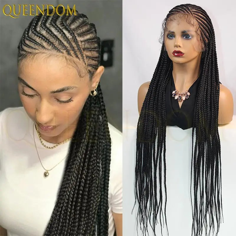 36Inch Side Part Double Lace Front Braided Wigs African Cornrow Knotless Box Full Lace Braid Wigs for Black Women with baby hair - Britica's Beauty On The Go