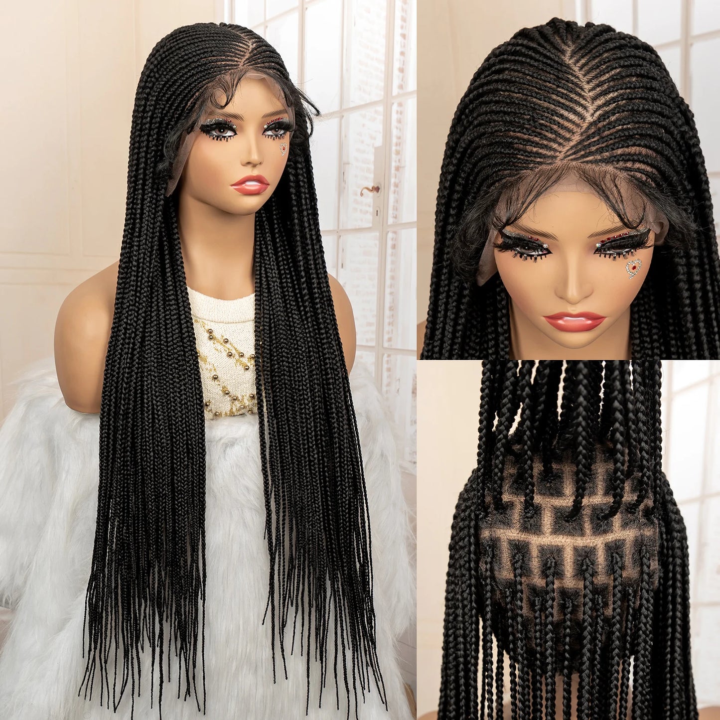 32 Inches African Hair Wigs Synthetic Cornrow Braided Wig 360 Full Lace Square Knotless Box Braiding Wig - Britica's Beauty On The Go