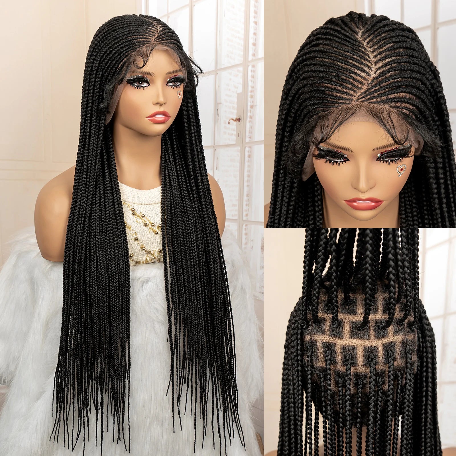 32 Inches African Hair Wigs Synthetic Cornrow Braided Wig 360 Full Lace Square Knotless Box Braiding Wig - Britica's Beauty On The Go