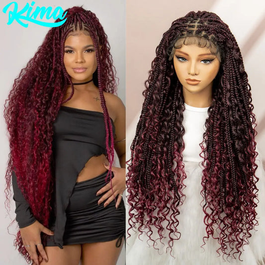 32inch Synthetic Knotless Box Braided Wigs Bohemian Boho Braids Wigs Lace Front Braided Lace Wigs with Baby Hair - Britica's Beauty On The Go