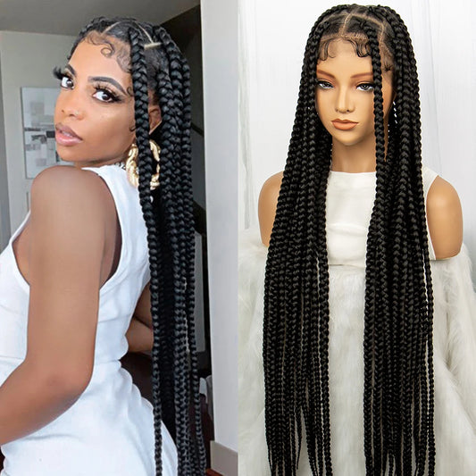 Synthetic Transparent Full Lace Braided Wigs Knotless Box Braids Wig for Black Women 34 inches Synthetic Hair Wig Long Black - Britica's Beauty On The Go