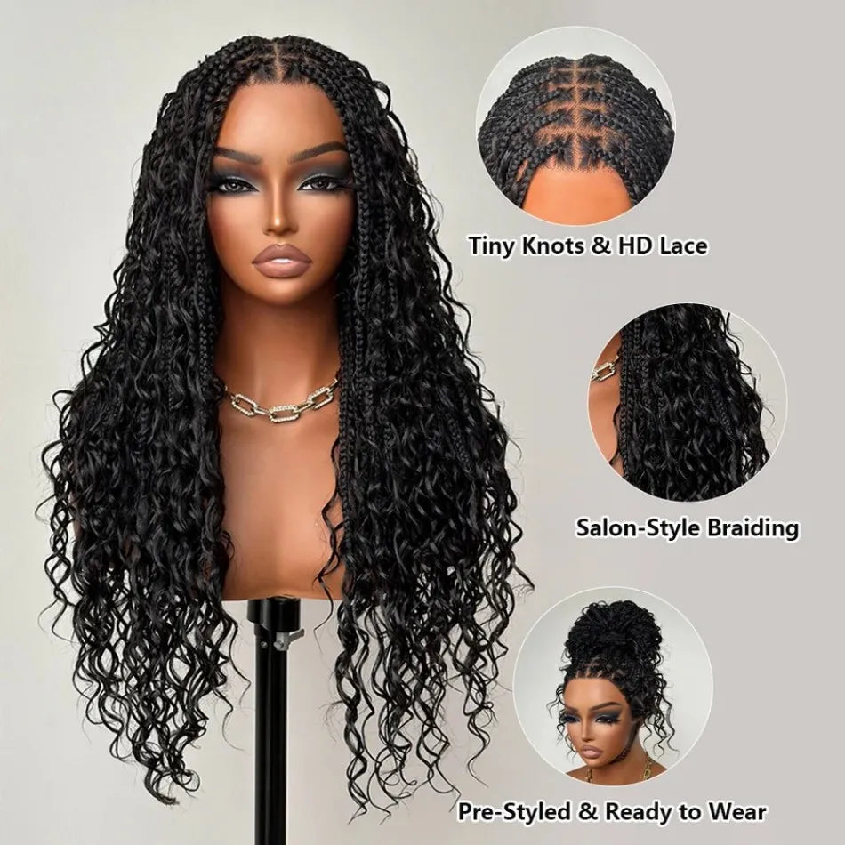 360 Full Lace Wig Knotless Bohemian Braided Curls Ombre Brown Invisible Drawstring Wig Deep Wave Boho Braids Brazilian HD Lace Unit - Britica's Beauty On The Go