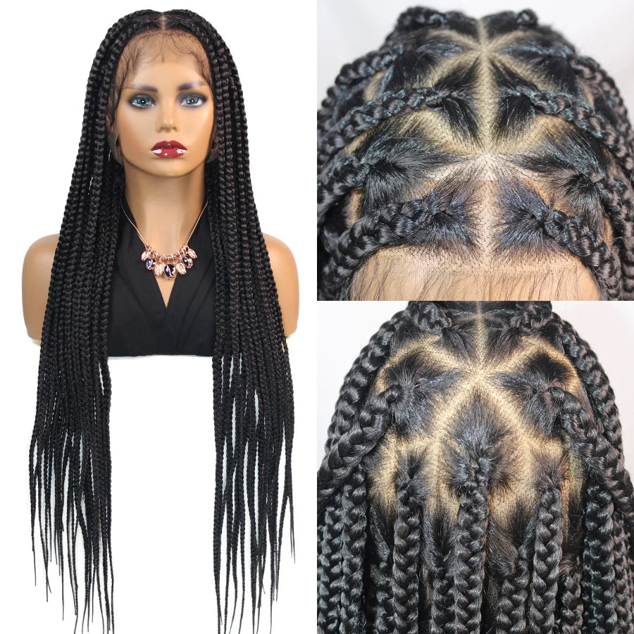 36Inch Knotless Box Braided Wigs Synthetic Full Lace Cornrows Braids Wig With Baby Hair Goddess Fulani Braiding Wigs Black Women - Britica's Beauty On The Go