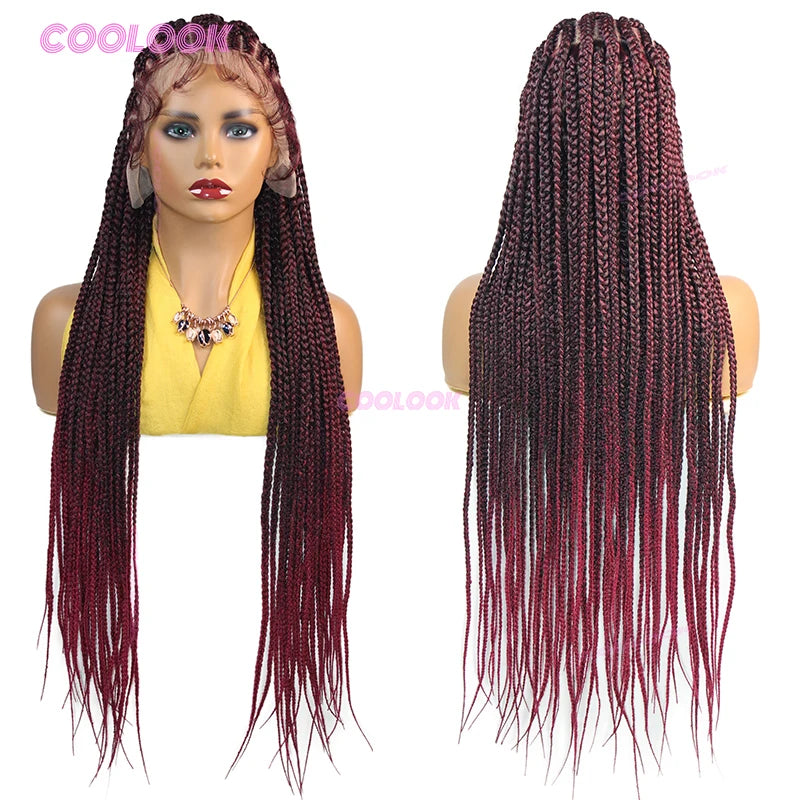 1B Burgundy Cornrow Braids Hair Wigs 36" Knotless Box Braid Wig Full Lace