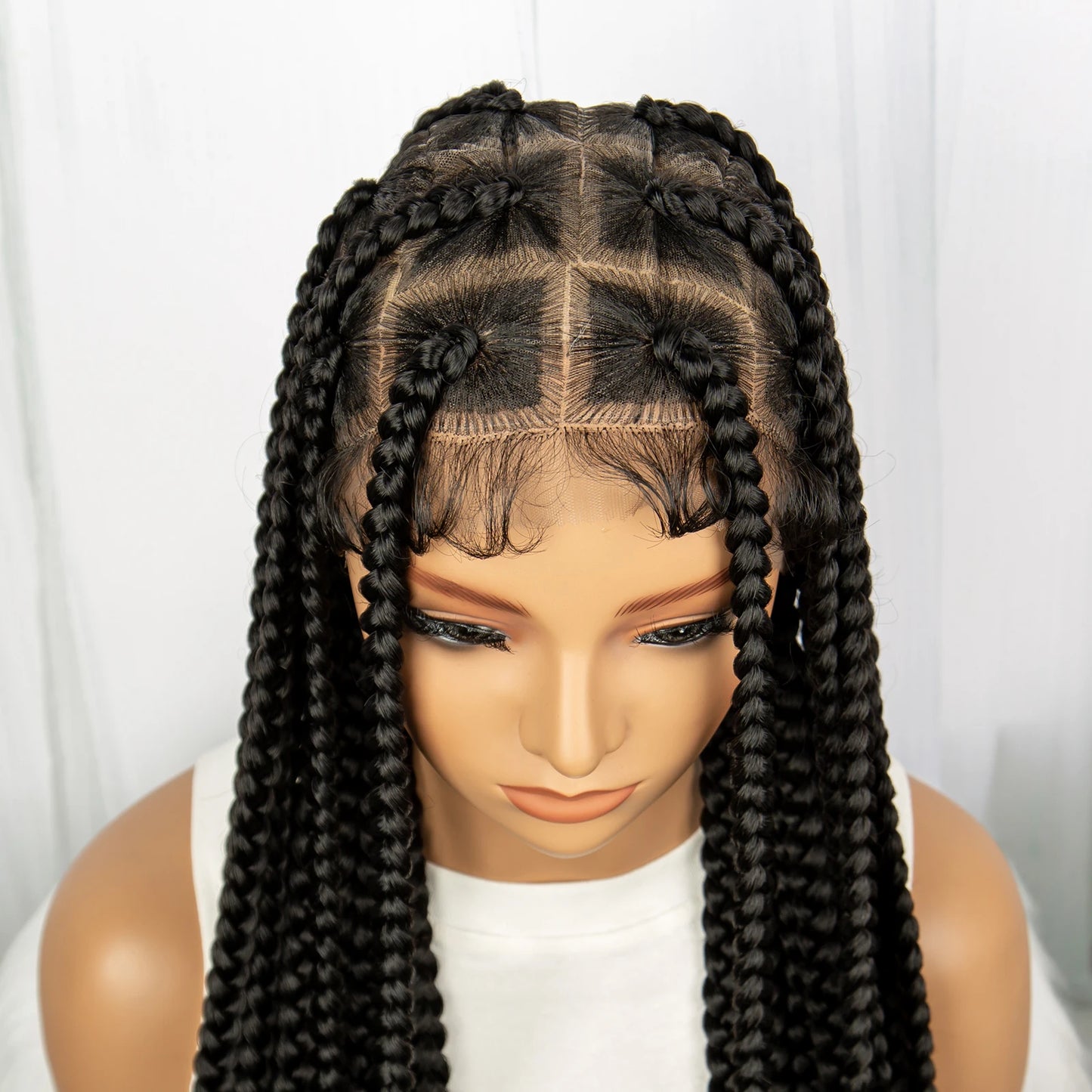 Synthetic Transparent Full Lace Braided Wigs Knotless Box Braids Wig for Black Women 34 inches Synthetic Hair Wig Long Black - Britica's Beauty On The Go